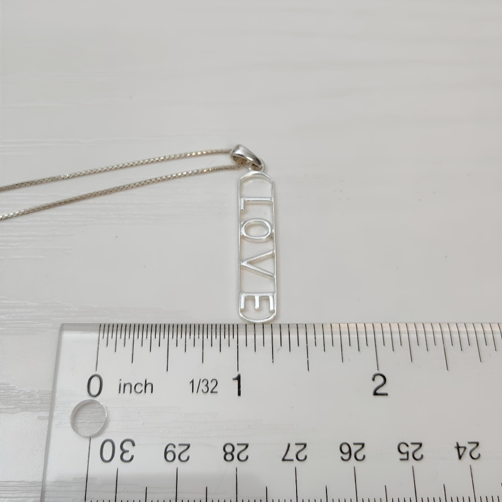 SU Sterling Silver Open work LOVE Bar Pendant Necklace Thailand 17" - Picture 7 of 13